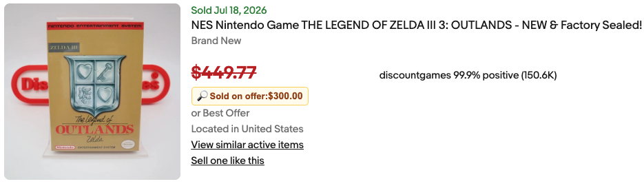 SoldSleuth revealing a $300 accepted offer beneath a crossed-out $449.77 price on an eBay sold listing